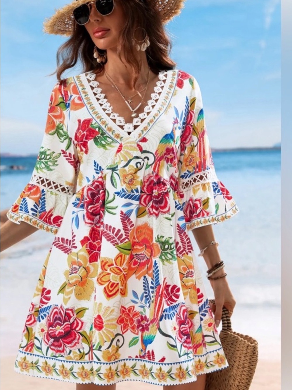 Cupshe NWT S (M) White red blue Floral V-Neck crochet details coverup mini Dress